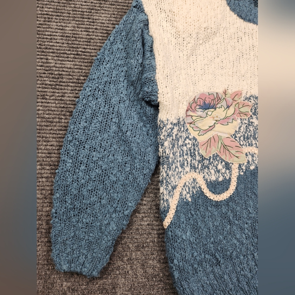 Vintage Needles & Yarn Blue Floral Embroidered Knit Sweater M 80s Grandmacore View 5